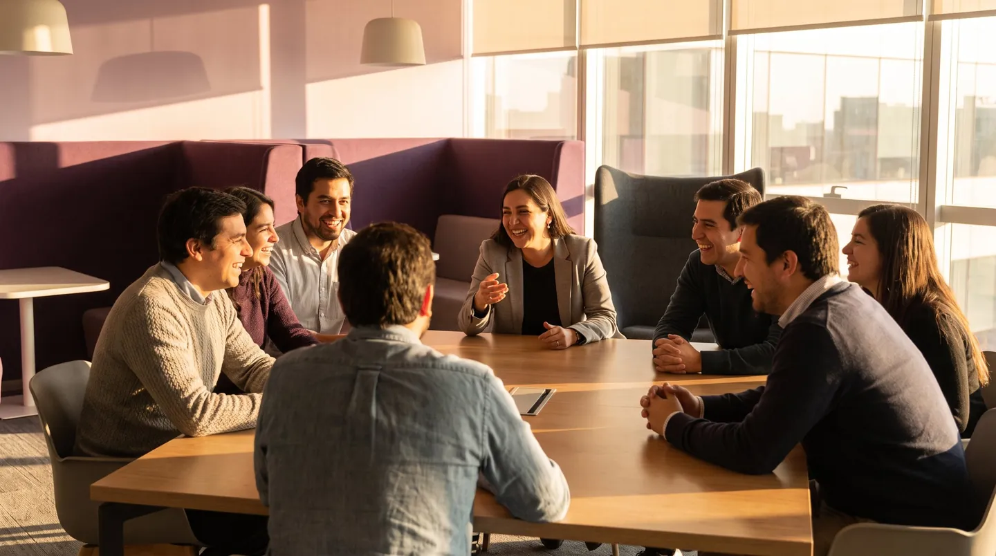 Equipo de trabajo conversando y riendo juntos alrededor de una mesa en una sala de reuniones