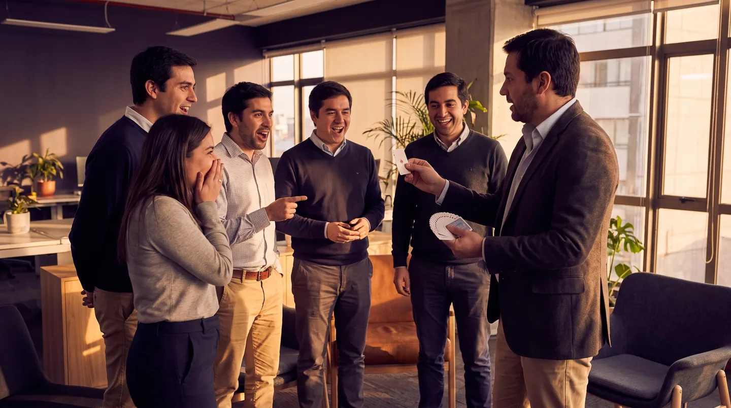 Facilitador mostrando un efecto de magia con cartas a un equipo de oficina sorprendido