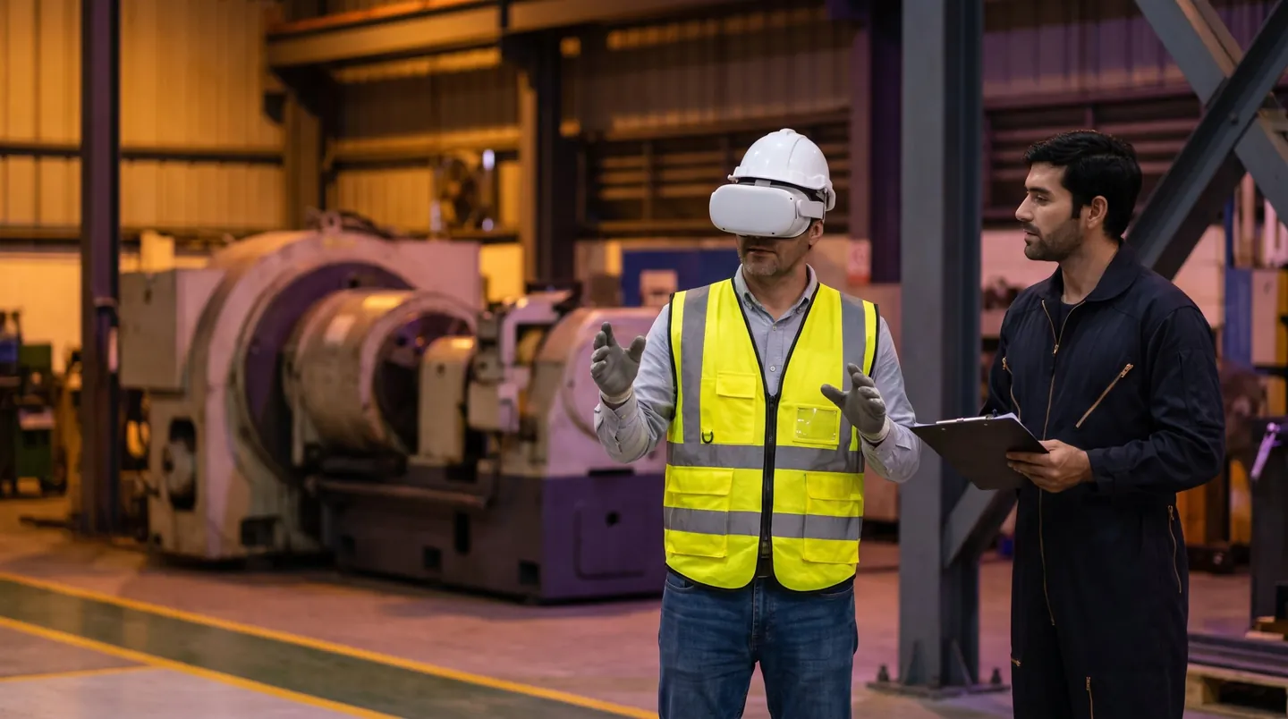 Trabajador con casco usando un visor de realidad virtual en una planta industrial, acompañado por un facilitador