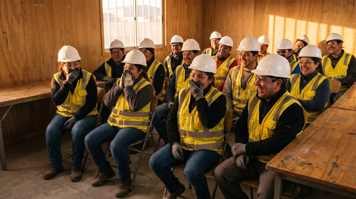 Trabajadores con casco y chaleco en una sala de faena reaccionando con sorpresa y risas