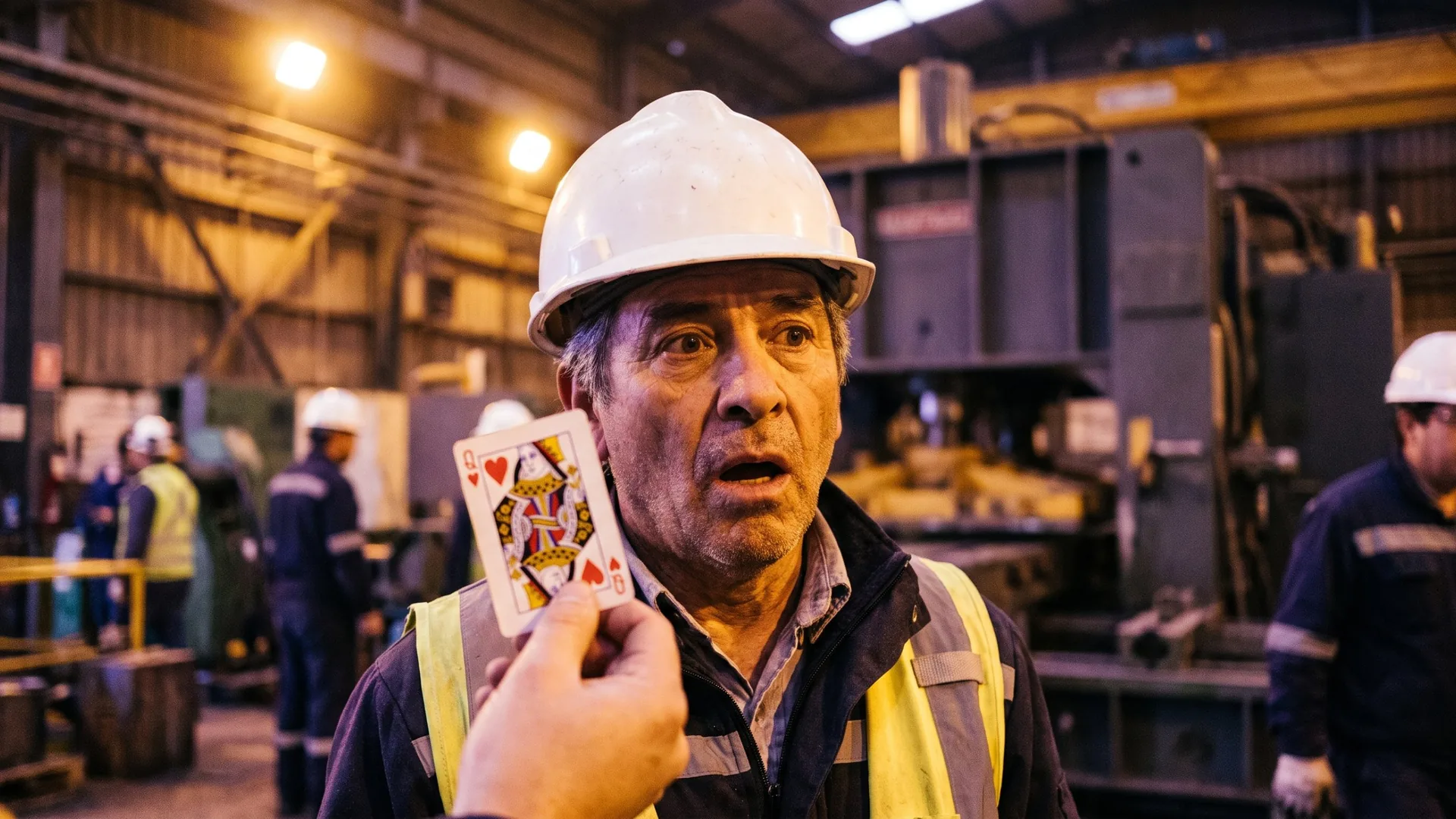 Trabajador industrial con casco mirando con asombro una carta de naipe en una planta industrial