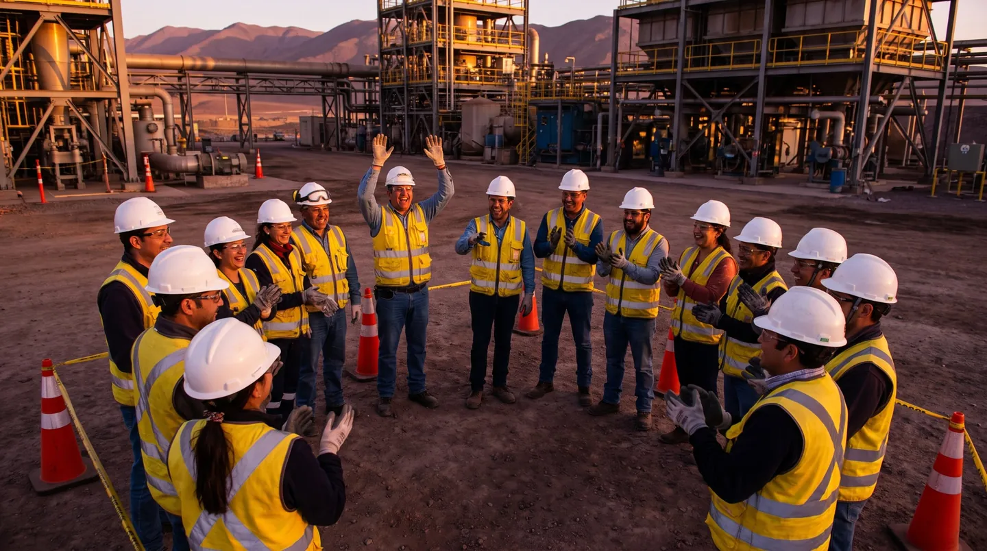 Grupo de trabajadores con casco y chaleco participando con entusiasmo en una actividad en una zona demarcada de una planta industrial