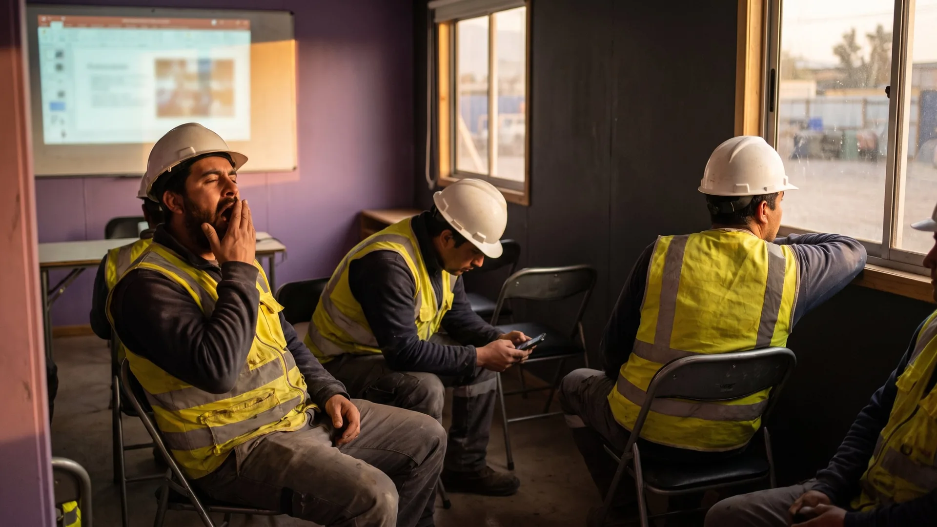 Trabajadores con casco aburridos durante una charla de seguridad tradicional; uno bosteza y otro mira su celular